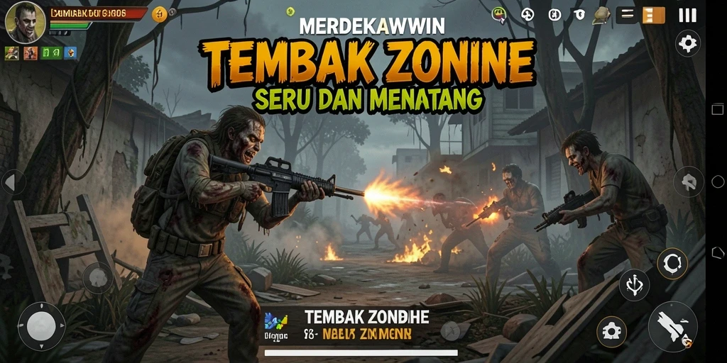 Antarmuka permainan <strong>MERDEKAWIN</strong> yang memukau dalam pertempuran melawan zombie.